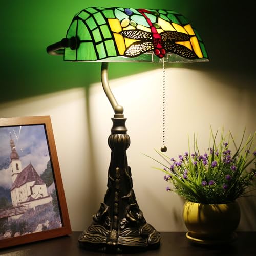 Tiffany Banker Lamp Small Stained Glass Table Lamp Green Dragonfly (Green Dragonfly Style)