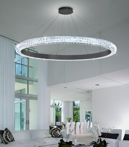 40" 1 Ring Crystal Chandelier Modern LED Dimmable Ring Pendant Light Chandelier for Dining Room Living Room Black (Black / 1 Ring Round 40")