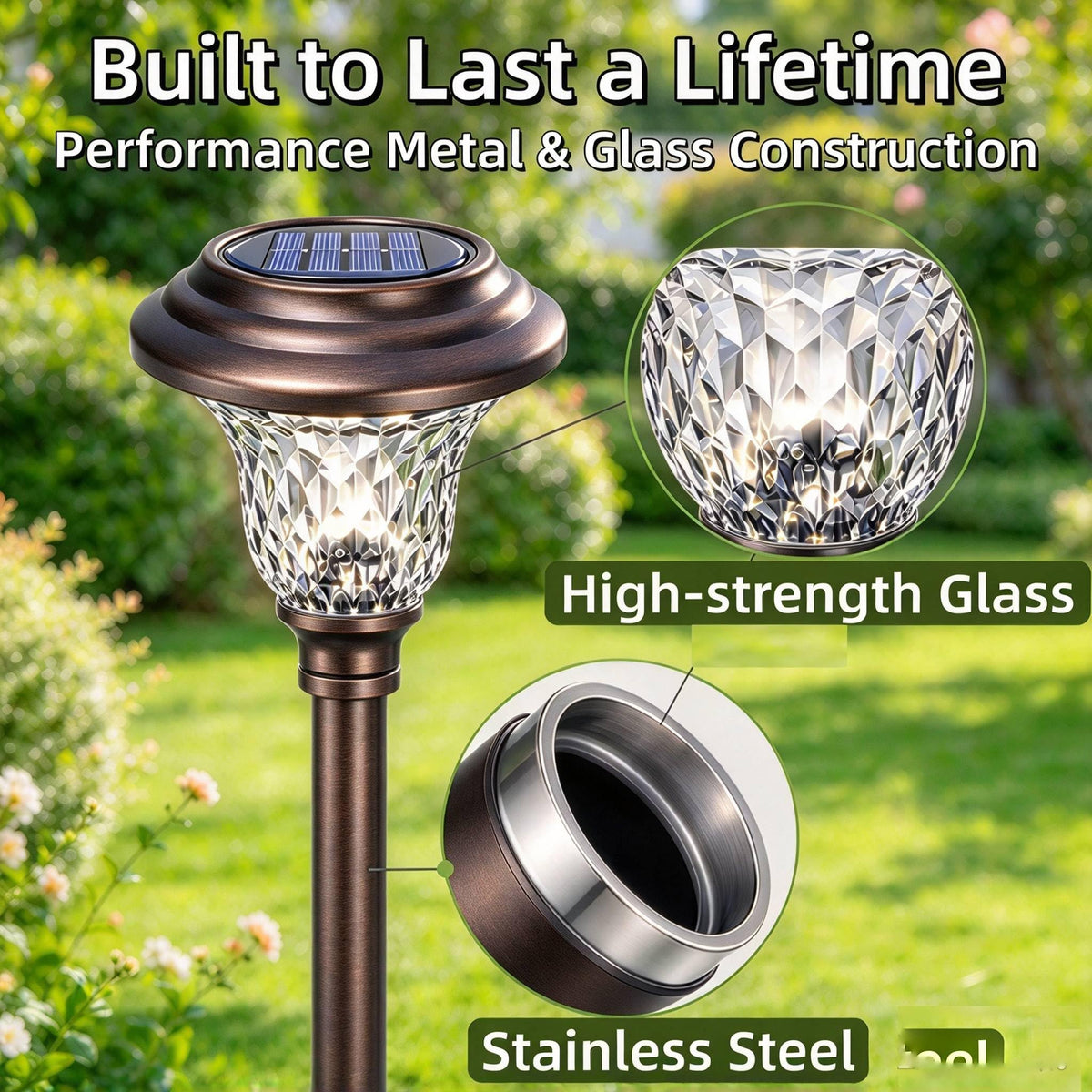 8 Pack Solar Pathway Lights White+Color Changing Stainless Steel 3 Mode Outdoor Multicolor Metal Solar Powered Waterproof Glass for Garden Landscape Path Yard Walkway Driveway Bronze (New-Bronze Metal 8pack)