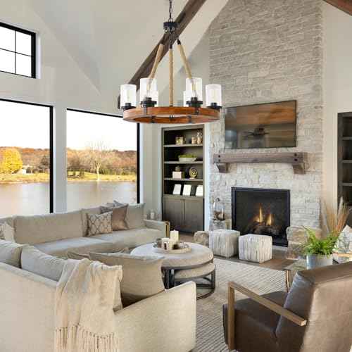 6 Light Round Wagon Wheel Chandelier Farmhouse Rustic Pendant Light Fixture with Seeded Glass Shades (Wood-600-6T-UP)