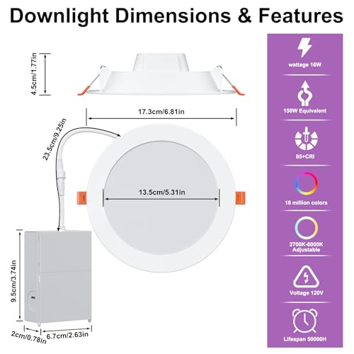 24Pack Smart Recessed Lighting 6 Inch RGBCW Color Changing 16W LED Downlight with Junction Box (White)
