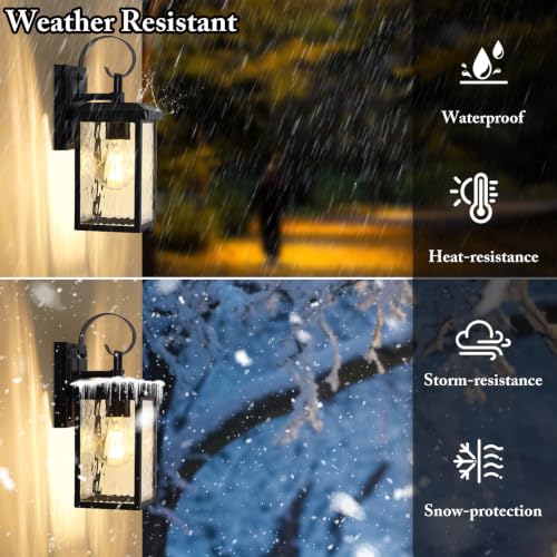 2 Pack Outdoor Wall Light Fixtures with Water Ripple Glass (Black with Watter Ripple Glass / 12.8")