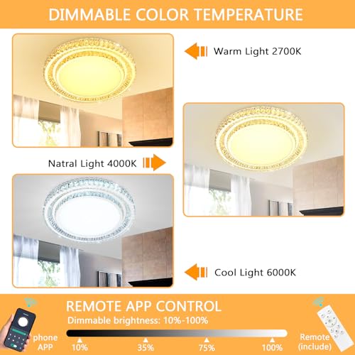 31.4" Dimmable Crystal Chandelier Modern LED Flush Mount Ceiling Light Fixtures for Living Room Bedroom Hallway Kitchen Island Staircase Silver (31.4" Silver)