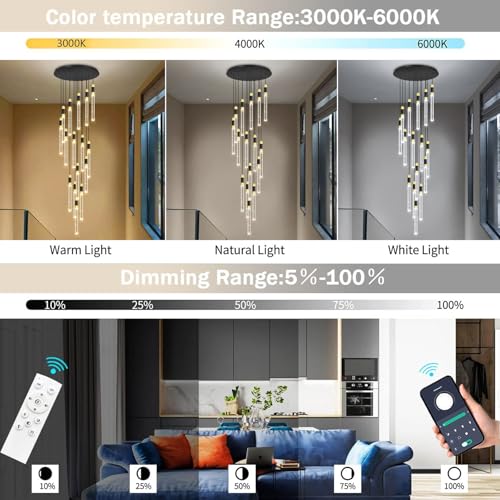 16 Lights 138 Inches Modern Chandelier LED Light Fixtures Adjustable High Ceiling Long Light Chandelier for Hallway Foyer Dimmable Lights with Remote Living Dining Ceiling Pendant Lighting (16 lights Cylindrical)