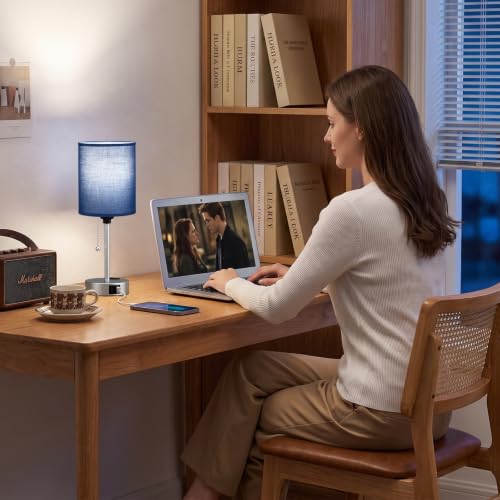 Blue Bedside Table Lamp for Bedroom (14.6 in / Blue-Silver)