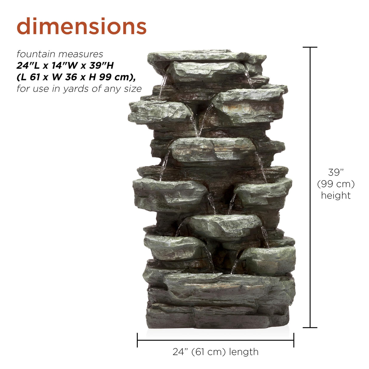 WIN930 Outdoor Multitiered Cascading Rock Garden Water Floor Fountain with LED Lights (39" H - 89 Cool White Leds)