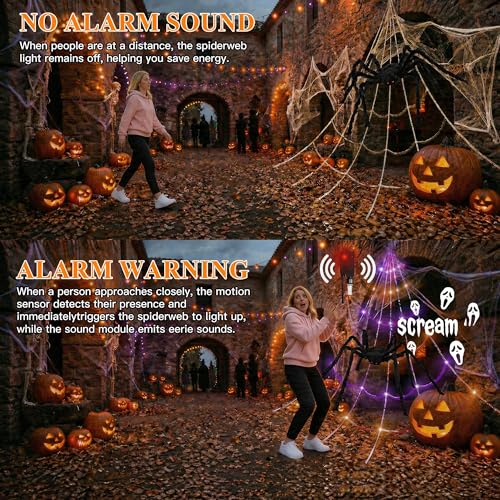 Motion Activated Lighting&Speaking] 20 * 17FT Halloween Spider Web 150 Led Purple&Orange Lights Light Up Lighted Triangular Giant Waterproof with 200sqft Cobweb for Outdoor Decor Yard Decoration
