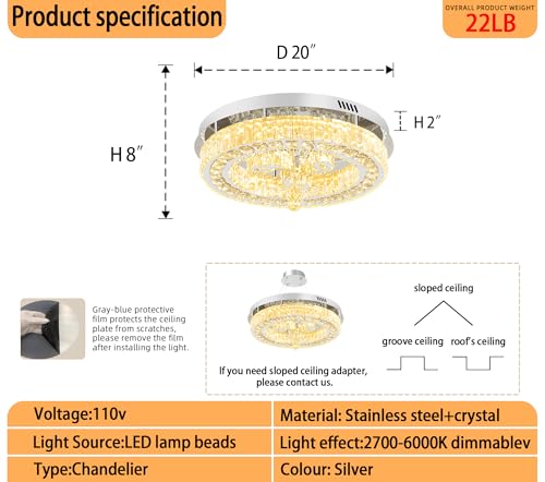 20'' Silver Modern Crystal Chandelier LED Dimmable Flush Mount Crystal Ceiling Light for Living Room Bedroom Dining Room (20in Silver)