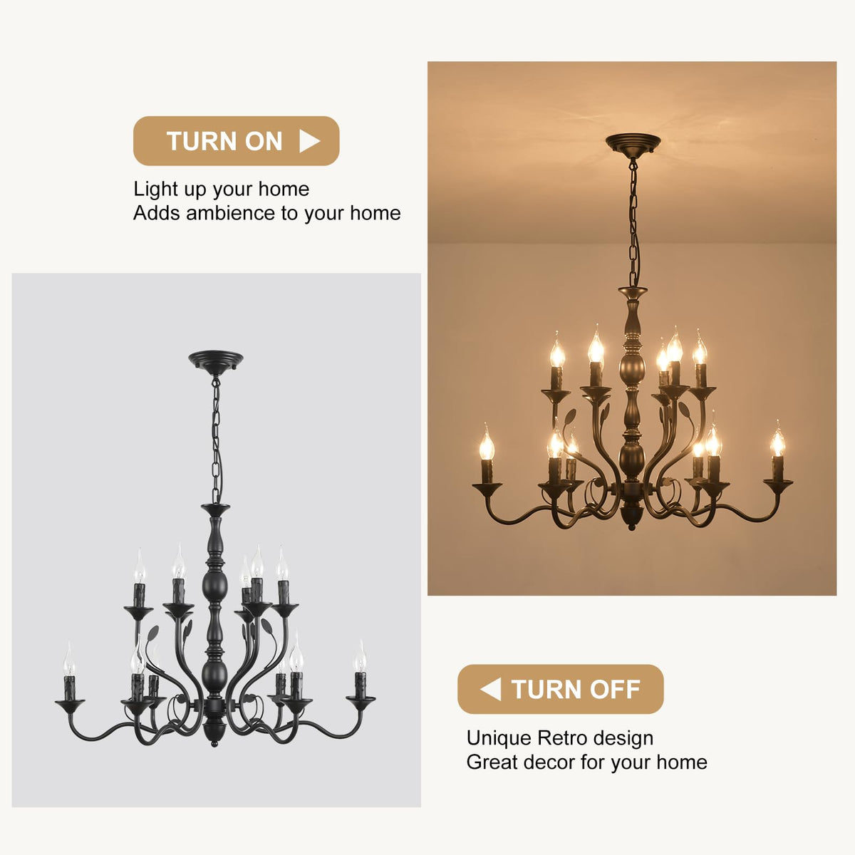12 Light Black Farmhouse Chandelier (Vintage black/12 lights)