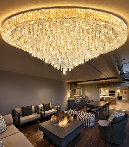 53.7" Modern Crystal Big Large Chandeliers LED Dimmable Flush Mount Ceiling Chandeliers for Living Room High Ceiling Entrance Foyer Lobby Bedroom Gold (Gold / 53.7" Width)