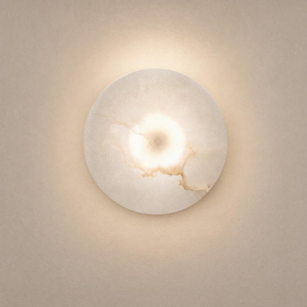 7.87 Inches 1PCS Round Alabaster Wall Sconce Marble Light Hardwired Wall Sconce for Bedroom Marble Stone Light Decor for Wall Lamp Natural Stone Material Wall Lamp for Stairs (7.87Inhces-1PCS)
