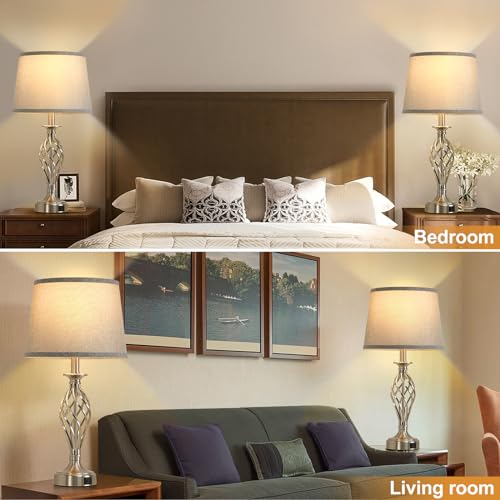 Table Lamp for Bedroom Set of 2 with USB C+A Ports (Silver Base + Grey Lampshade)