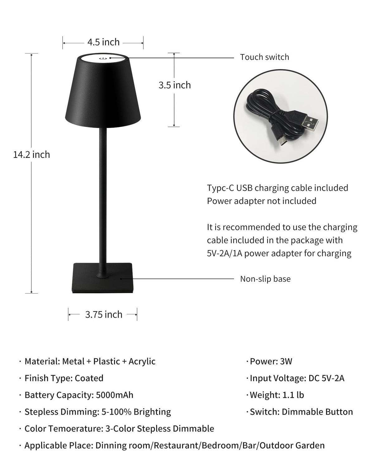 2 Pack Cordless Black Table Lamps (Black-2)