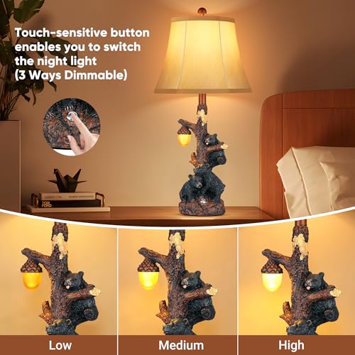 Set of 2 Bear Bedside Table Lamps for Bedroom with Nightlight & USB A+C (Rustic)