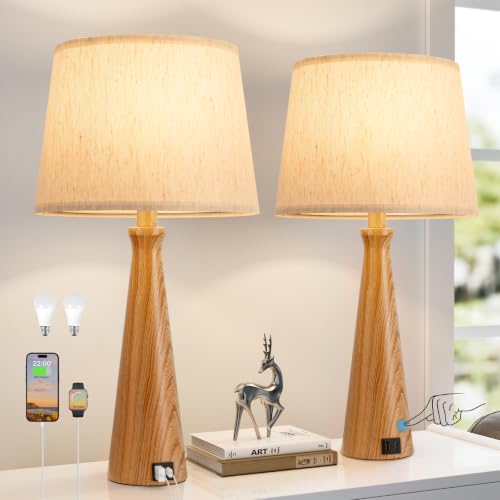 Modern Touch Table Lamps for Living Room Set of 2（Wood (K. Wood-paint Base-Oatmeal Shade)