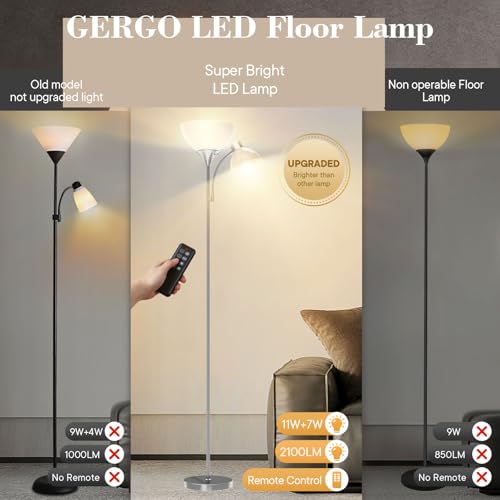 Torchiere Floor Lamp with Remote Control and Adjustable Reading Light (Brushed Nickel)
