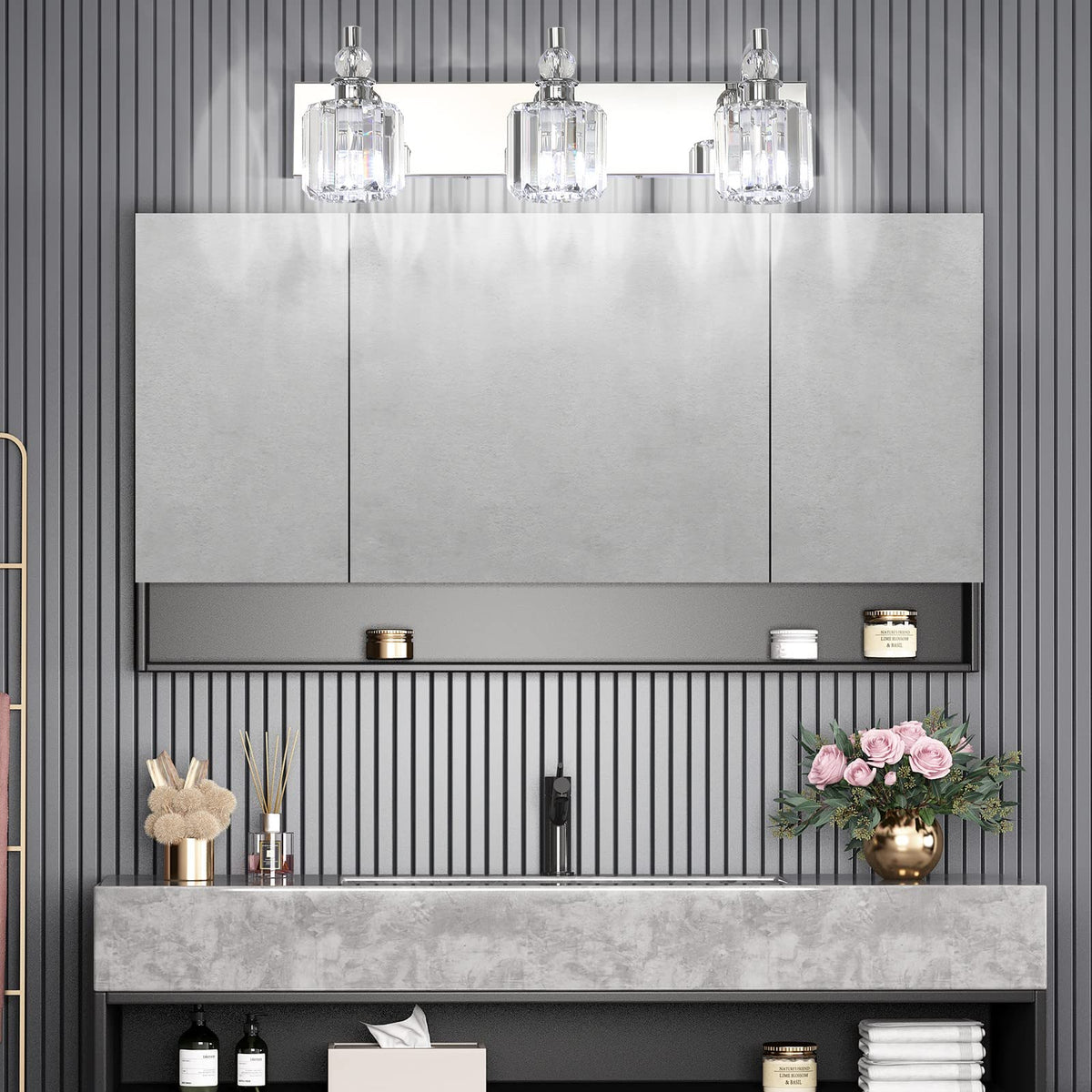 Crystal Vanity Light Fixtures 3 Light Modern Crystal Bathroom Lights Fixtures Over Mirror Stainless Steel Chrome Vanity Light for Bathroom Wall Lights Fixtures (Chrome / 24 inch)