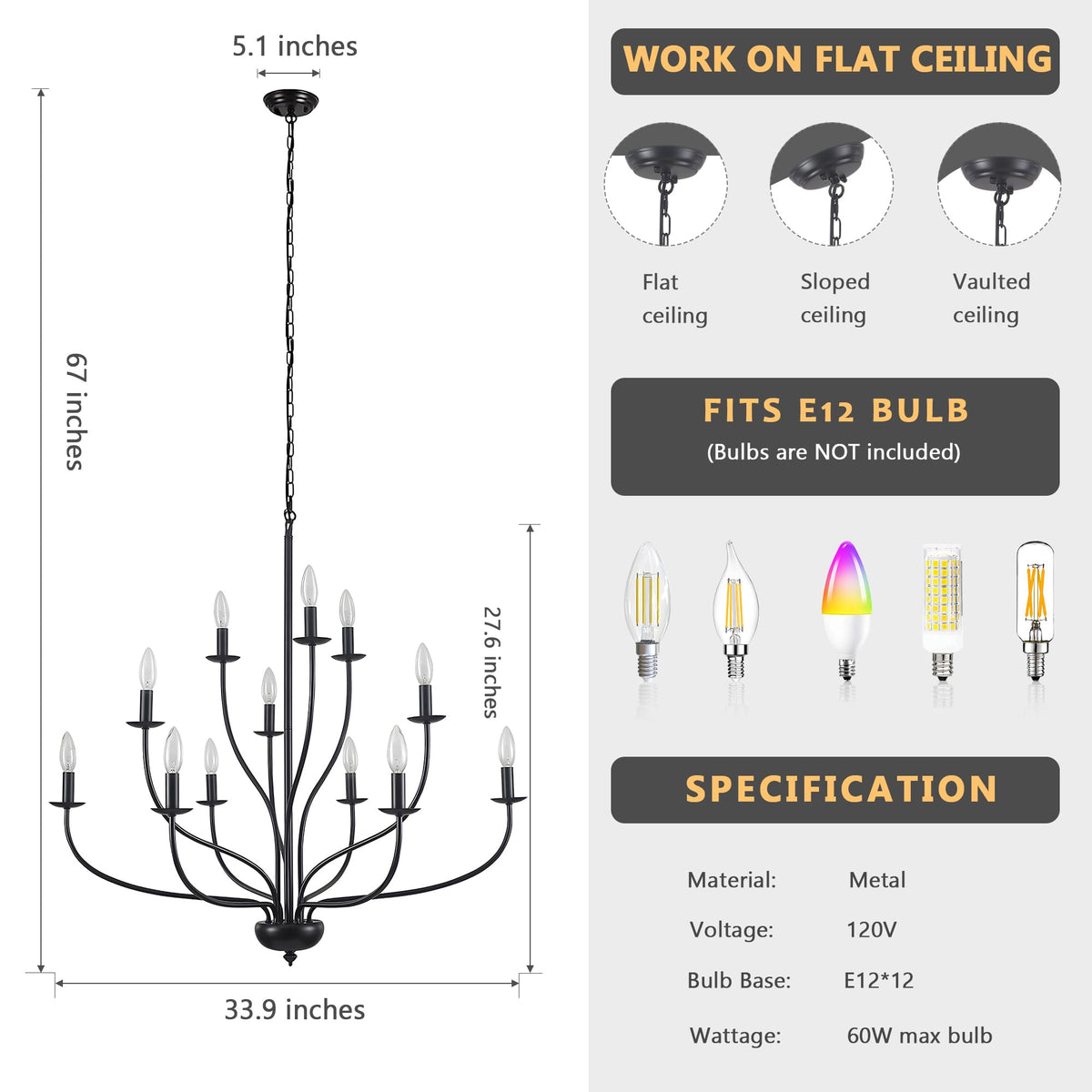 Black Chandelier 12 Light (Black)