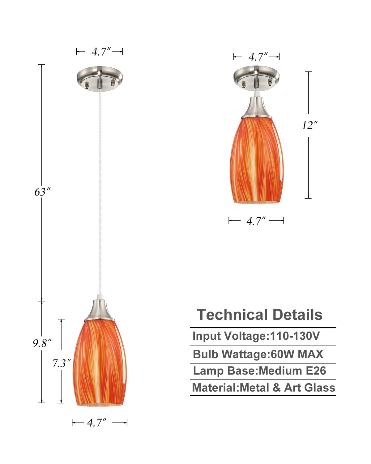 Glass Pendants Lights Kitchen Island Handcrafted Art Glass Mini Pendant Light Fixtures Oval Pendant Light Shade with Brush Nickel Finish Adjustable Cord for Kitchen Over Sink (Mixed Red Orange and Yellow -1Pack)