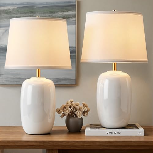 22 Inch White Ceramic Table Lamps Set of 2 (H22" White Ceramic + White Shade (2 Pack) / H22 × ∅12.2 inch)