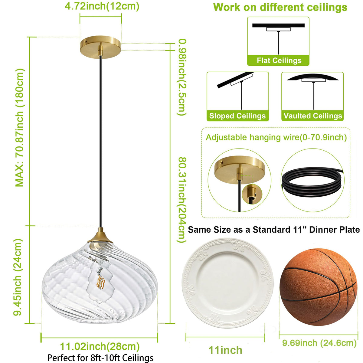 11in Gold Pendant Lights Kitchen Island with Clear Glass Shade 1Pack (Gold-Striped Clear Glass)