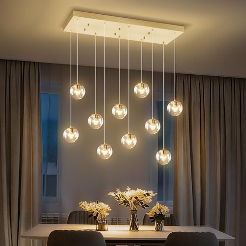10 Lights Chandeliers for Dining Room Glass Globe Pendant Light Gold Chandeliers Rectangle Pendant Ceiling Light Fixture for Kitchen Island Dining Room Over Table Entryway Lighting Fixture (Gold-Clear / Rectangle 10-Light)