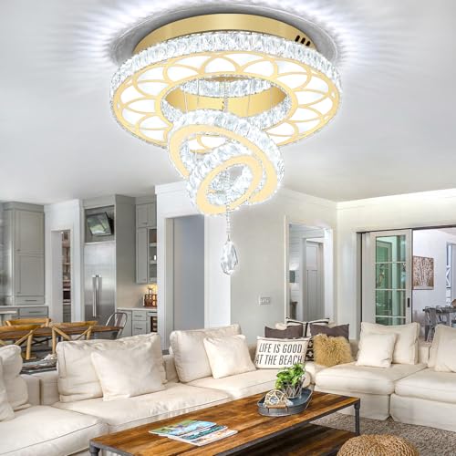 20" Modern Crystal Chandeliers for Living Room Gold Ceiling Chandelier LED Crystal Ceiling Light Flush Mount Chandelier for Bedroom Dining Room Entryway (Gold / W:20inches)