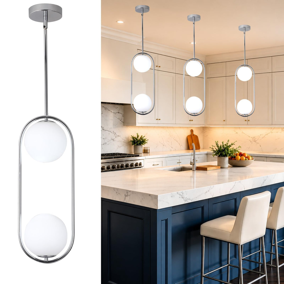 Chrome Pendant Lighting Fixture with Globe Glass Lampshade 2 (Chrome)