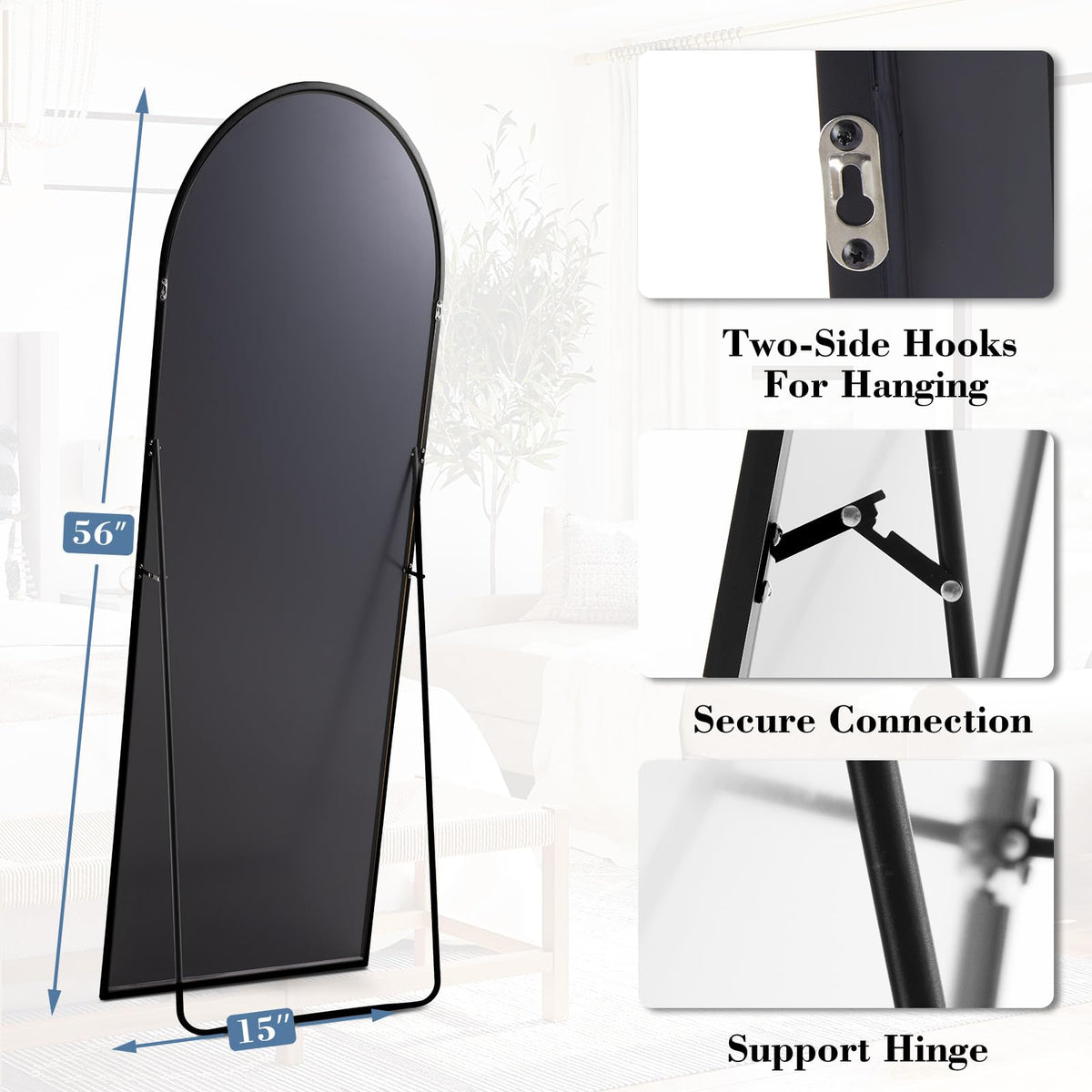 15"x56" Arched Full Length Floor Mirror (Black-arched / 56"L x 15"W)