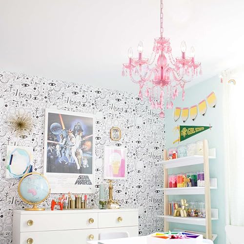Plug in 5 Lights Pink Crystal Hanging Pendant Light Acrylic Chandelier (Pink-L-5)