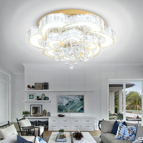 Dia 24'' Gold Modern Crystal Chandeliers Modern LED Dimmable Chandelier with Remote Crystal Ceiling Light Pendant Light Fixture for Living Room Bedroom Entryway (Gold / Dia 24")