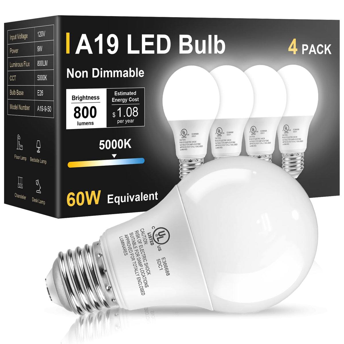 4 Pack LED Light Bulbs 60 Watt Equivalent (5000k Daylight White / 4 Pack)