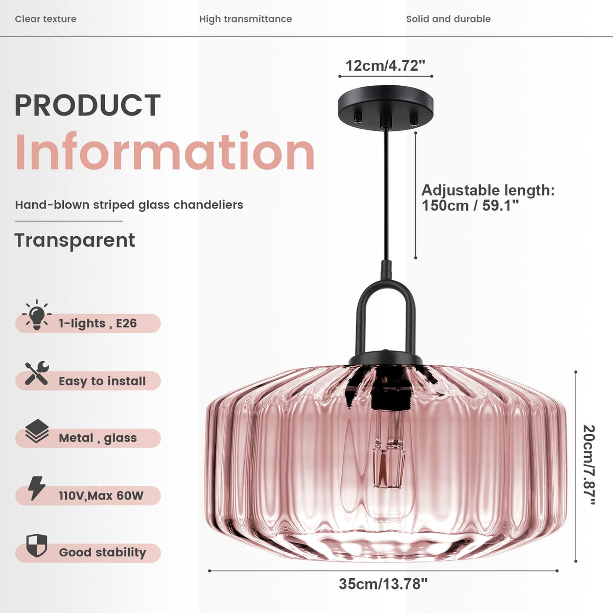 Large Glass Pendant Light Ribbed Pink Ceiling Hanging Light Fixture (13.7″Pink)