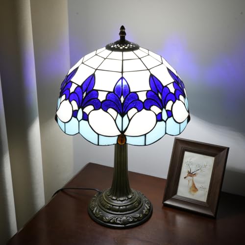 Tiffany Lamp Stained Glass Lamp Blue And White Iris Bedside Table Lamp Village Retro Rustic Style Nightstand Living Room Bedroom Office Kitchen Home Decor Accent Mid Century Reading Desk Light 12 Inch (Iris Flower Lamp)