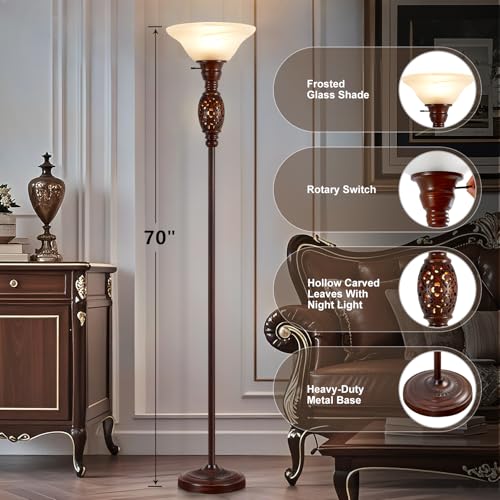 70" Torchiere Floor Lamp with NightLight & Etched Glass Shade (Brown)