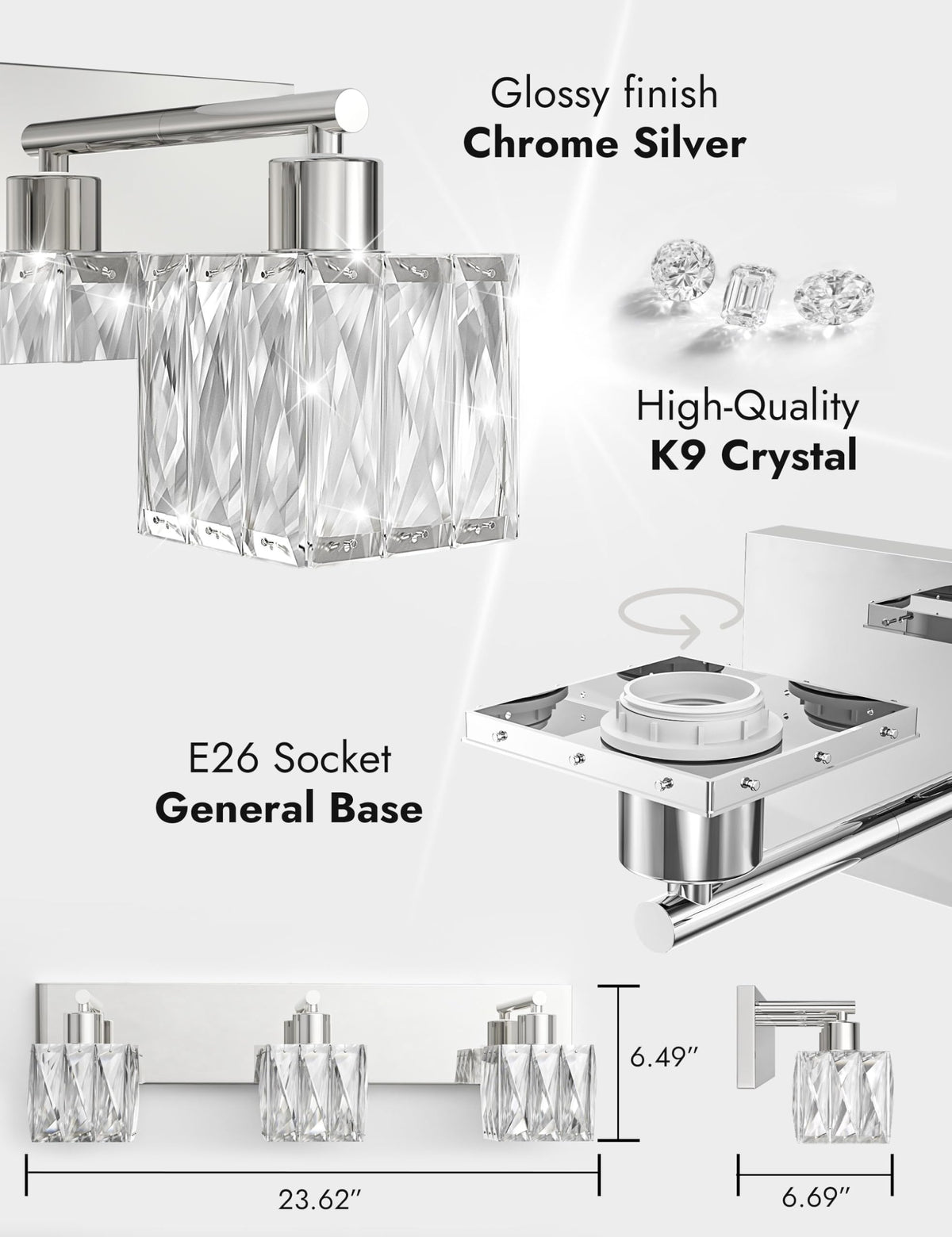 3 Light Crystal Bathroom Vanity Light Square (Polished Chrome-Square / 3 Light)