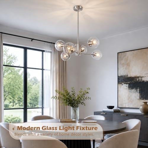 6-Light Mid-Century Modern Nickel Sputnik Chandeliers Dining Room (Clear, Nickel, M)