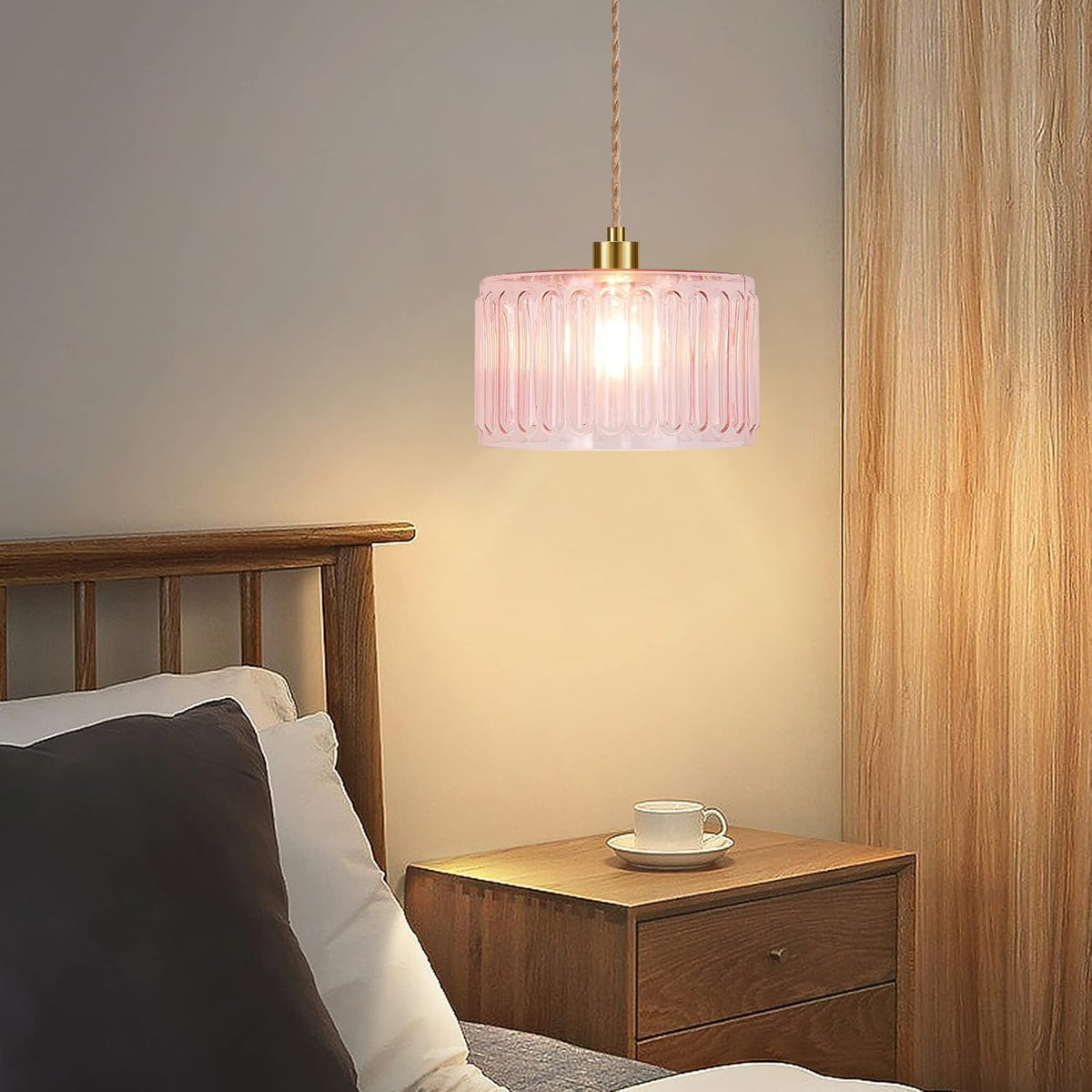 Pink Plug in Pendant Light Glass Hanging Lights with Plug in Cord Boho Hanging Lamp Gold Mid Century Modern Vintage Dimmable Flower Plug in Chandelier Ceiling Fixture for Living Room (Pendant Light-20)