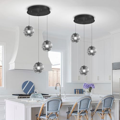 3 Light Black Pendant Light Fixtures Modern Smoke Gray Glass Globe Pendant Lights Kitchen Island Adjustable Hanging Lights Globe Stairwell Lighting Black Chandelier for Dining Room (Smoke Grey / Globe 3-Light)