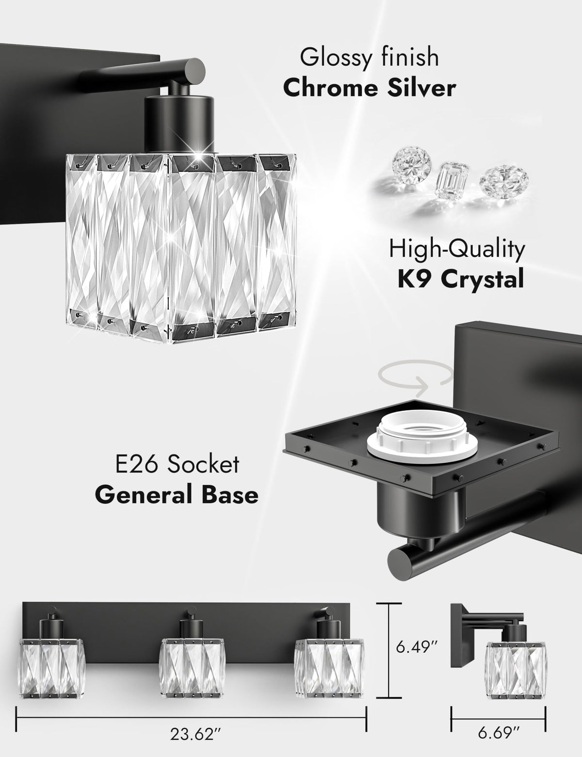 3 Light Crystal Bathroom Vanity Light Square (Matte Black-Square / 3 Light)