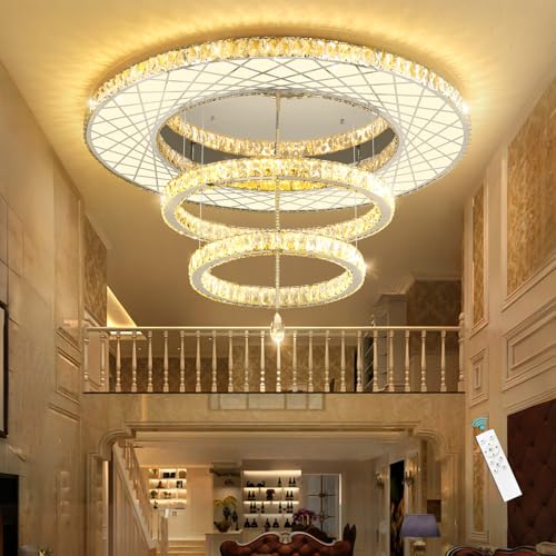 48 inch Large Size Glam Chandelier Crystal Ceiling Light for Living Room Chandeliers Lighting Fixtures with Remote Dimmable LED Light (48 inch / Silver)