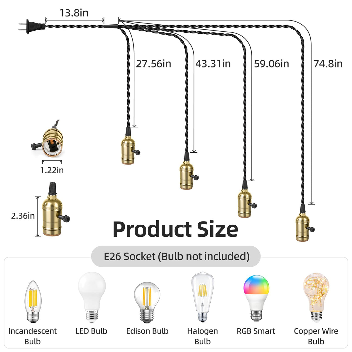 Plug in Pendant Light Cord Kit (Gold / 1 plug with 4 sockets)
