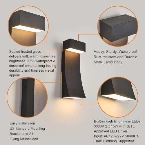 Modern Outdoor Wall Light Curved Design Waterproof (15"H 30W Textured Black)