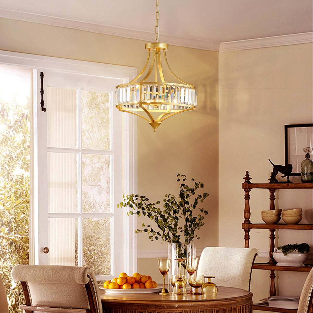 Gold Chandeliers for Dining Room Modern Round Crystal 4 Lights Rustic Pendant Lighting Fixture with Metal Lampshade for Living Room Hallway Bedroom Foyer (15.7" Gold)