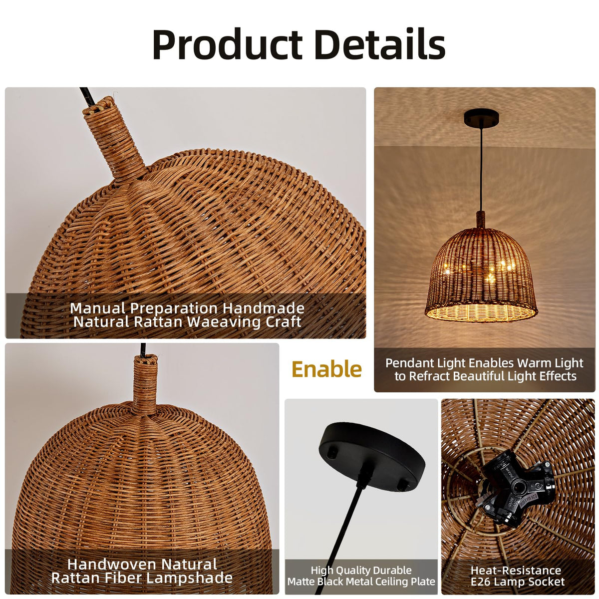 13.8" Rattan Pendant Light (Dark Brown Rattan / 13.77" 3-Light)