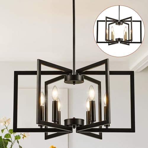 6 Light Wagon Wheel Chandelier Black Modern Farmhouse Light Fixture with Glass Shade Ceiling Hanging Pendant Light for Dining Room Living Room Kitchen Island Entryway Foyer