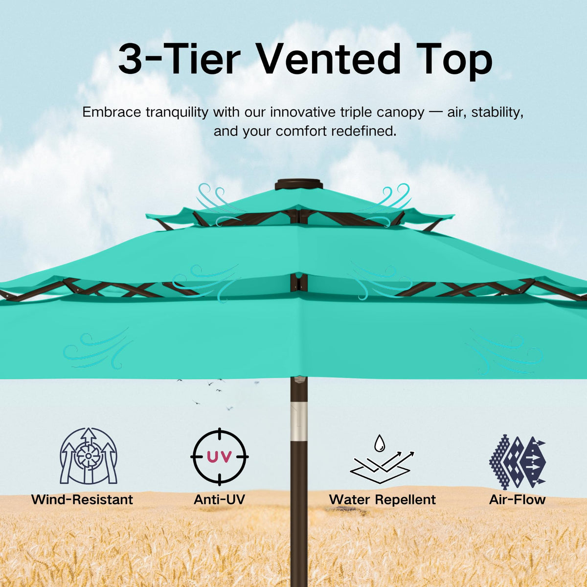 10ft 3 Tier Patio Umbrella with Solar Lights (Tiffany blue / 10 FT)