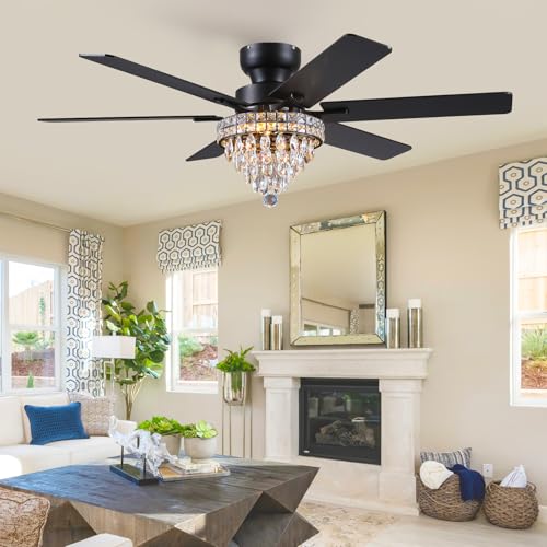 52" Low Profile Crystal Ceiling Fans with LED Lights and Remote (Black-52IN-5018)