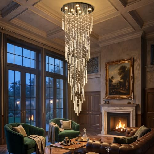 D24'' x H78'' Modern Crystal Chandelier High Ceiling Chandeliers for Entryway Glam Chandelier Large Raindrop Chandeliers LED Dimmable Light Fixtures for Staircaes Foyer Hallway Living Room Black (D24" x H78" Black)
