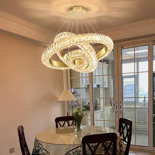 23.6" 3 Ring Crystal Chandelier Modern LED Dimmable Ring Pendant Light Round Chandelier for Dining Room Living Room Gold (Gold / 3 Ring Round 24")